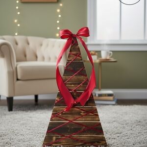 Rustic Wooden Christmas Tree with Red Ribbon